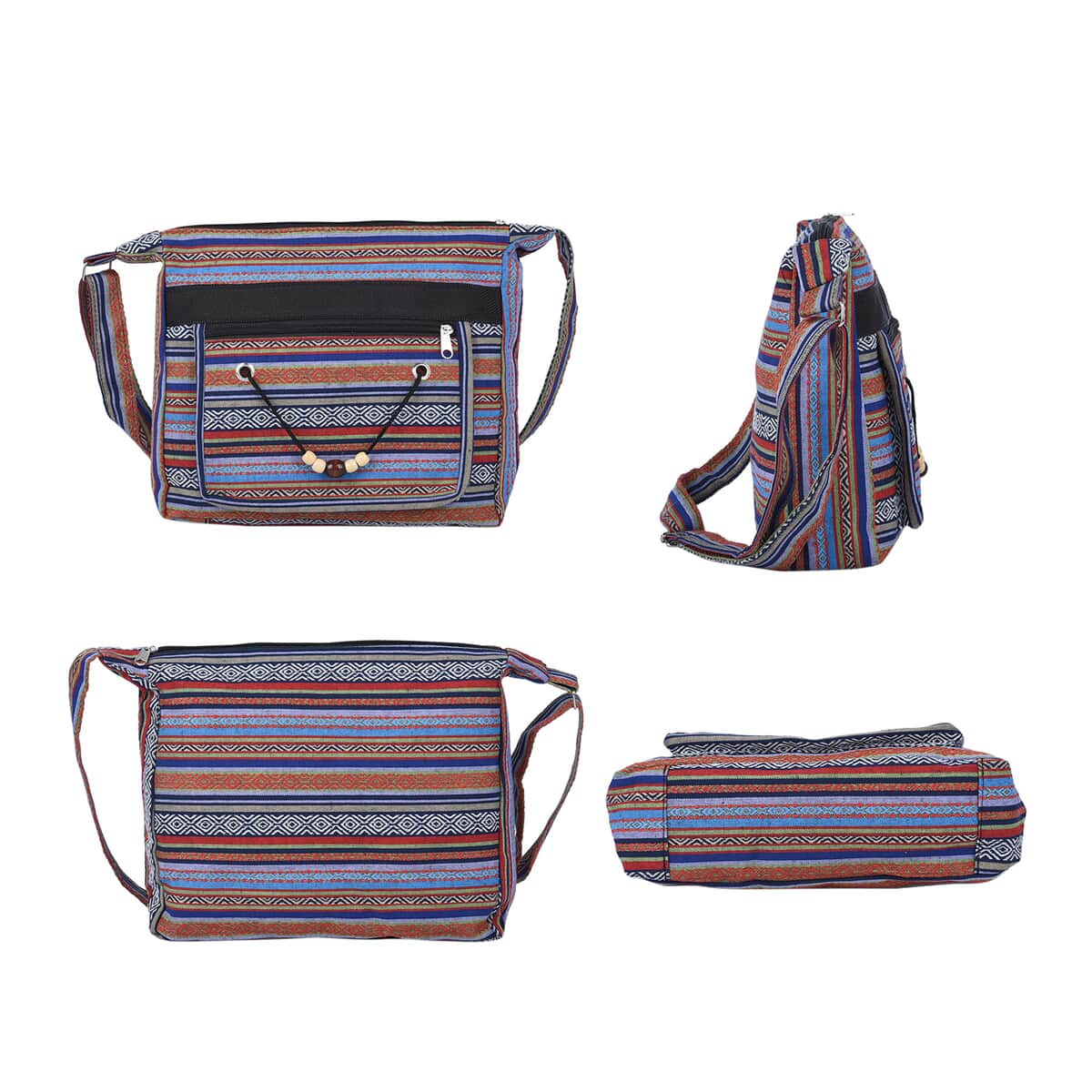 Multi Blue Tribal Pattern 65% Polyester and 35% Cotton Crossbody Bag (12"x3.5"x10") with Shoulder Strap (47") image number 3