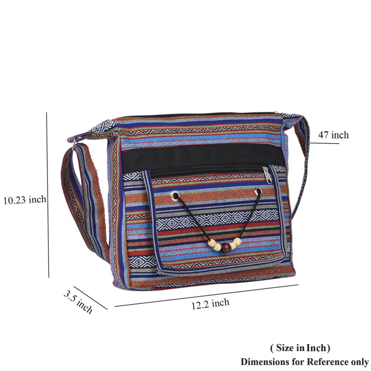 Multi Blue Tribal Pattern 65% Polyester and 35% Cotton Crossbody Bag (12"x3.5"x10") with Shoulder Strap (47") image number 6