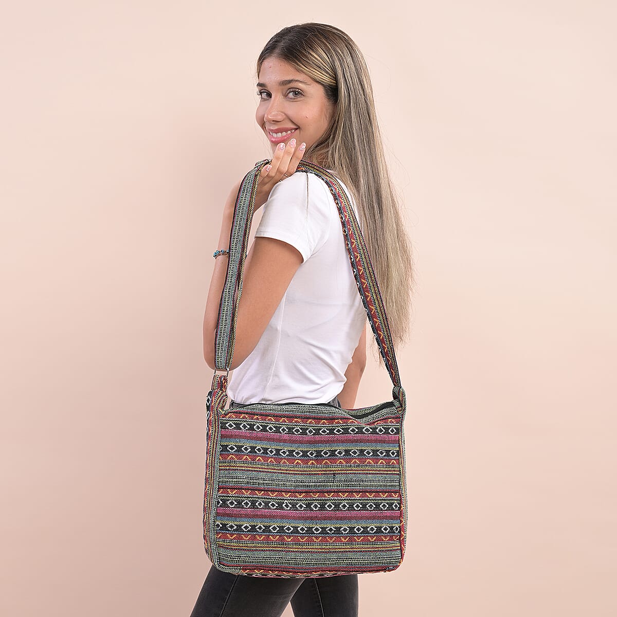 Multi Green Tribal Pattern 65% Polyester and 35% Cotton Crossbody Bag with Shoulder Strap image number 1