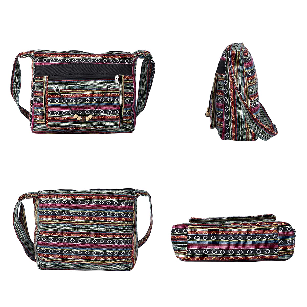 Multi Green Tribal Pattern 65% Polyester and 35% Cotton Crossbody Bag with Shoulder Strap image number 3