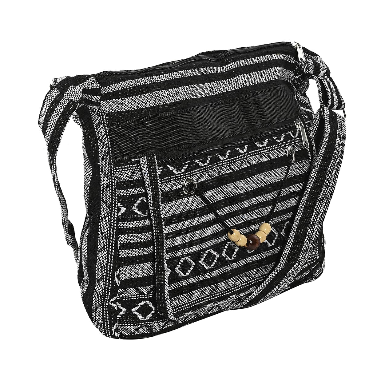 Black and White Tribal Pattern 65% Polyester and 35% Cotton Crossbody Bag with Shoulder Strap image number 1