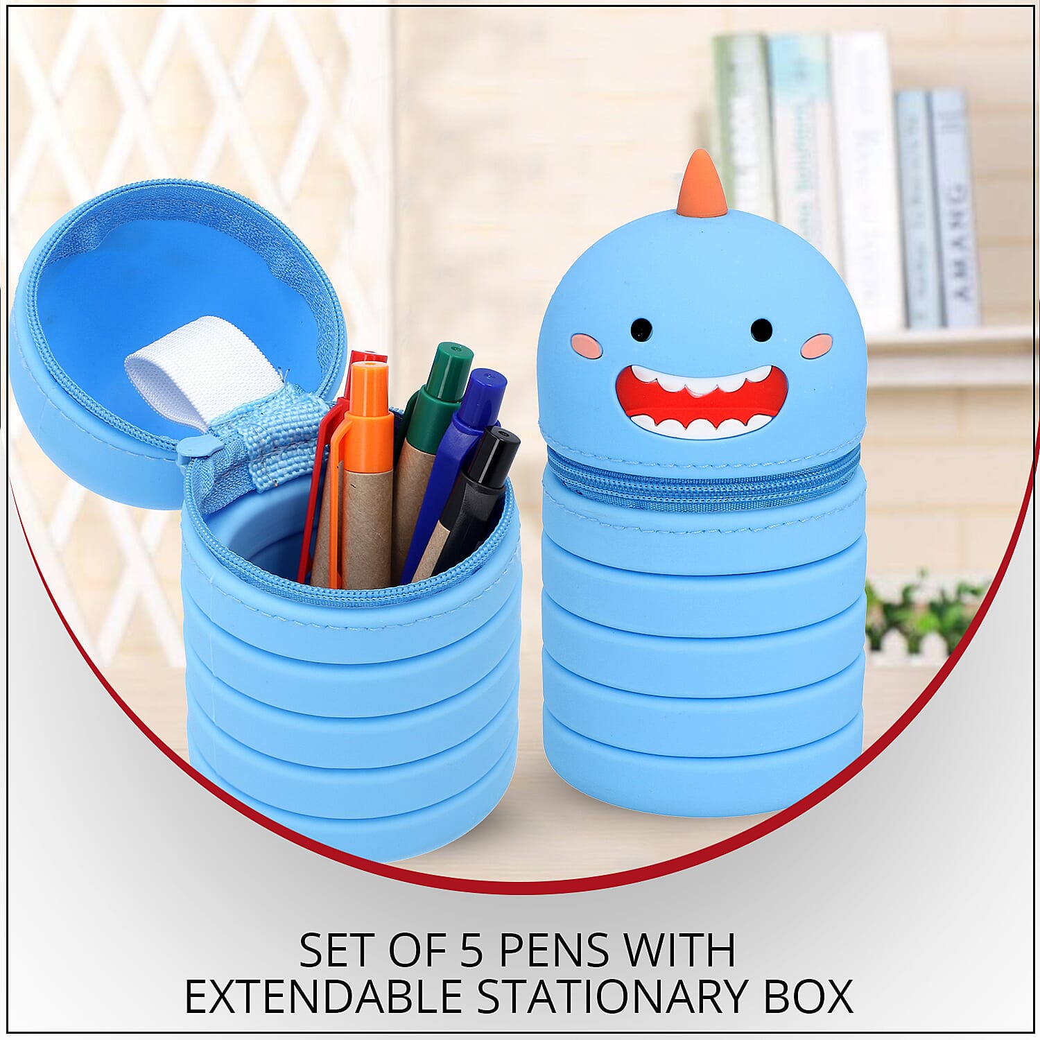 Set of 5 Pens with Extendable Kids Funny Characters Stationary Box - Blue