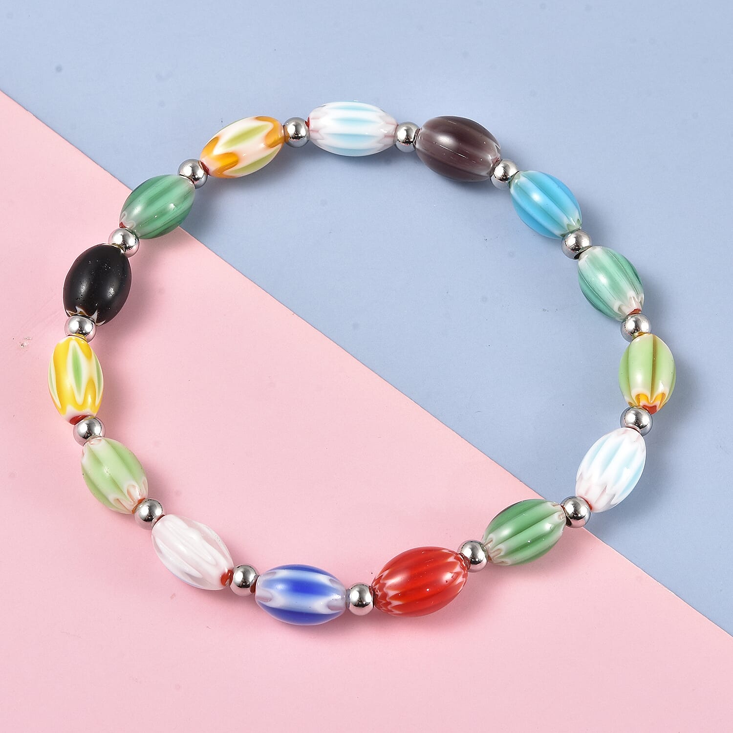 Multi Color Murano Style Bracelet in Stainless Steel (7.50 In)