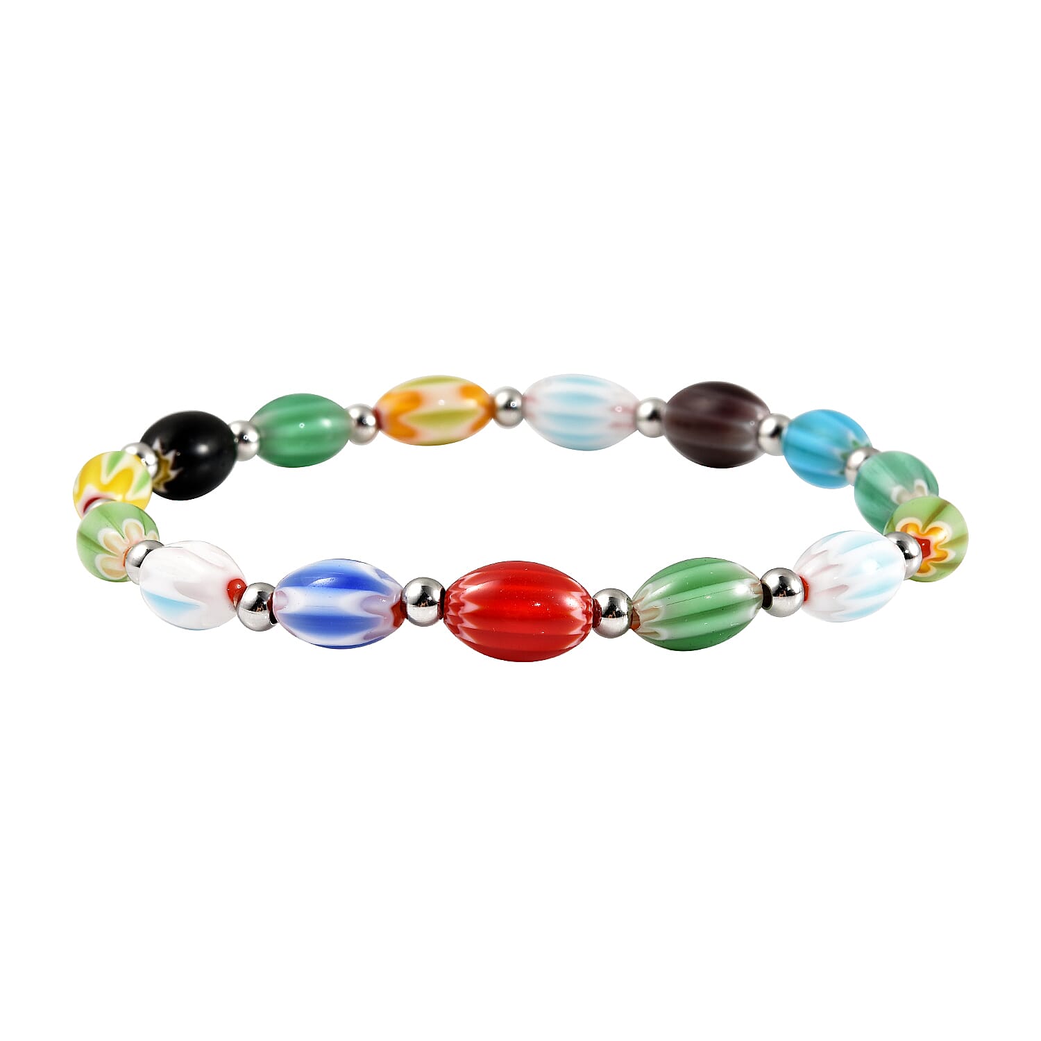Multi Color Murano Style Bracelet in Stainless Steel (7.50 In)