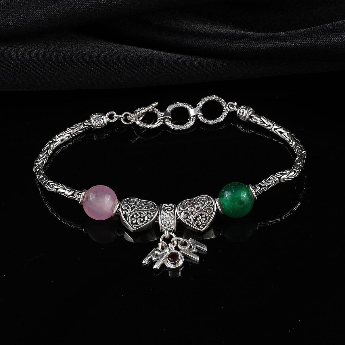 Bali Legacy Pink and Green Jade (D), Mozambique Garnet Toggle Clasp Bracelet with MOM Charm in Sterling Silver (7.50 In) 1.60 ctw image number 1