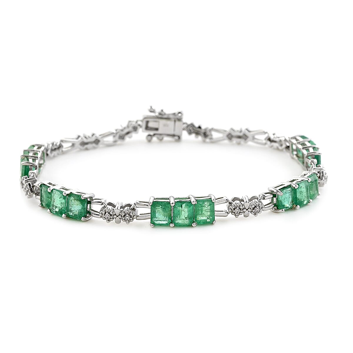 AAA Kagem Emerald and White Zircon Bracelet in Sterling Silver (7.50 In) 6.75 ctw image number 0