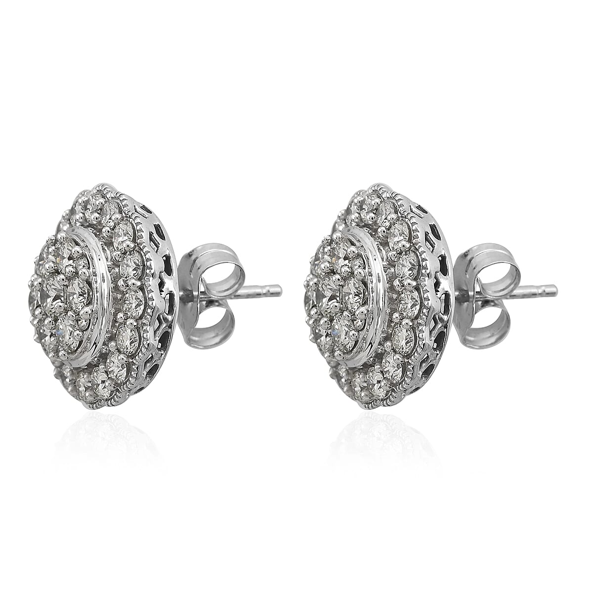 NY Closeout 14K White Gold Diamond Floral Stud Earrings 4.20 Grams 1.50 ctw image number 2