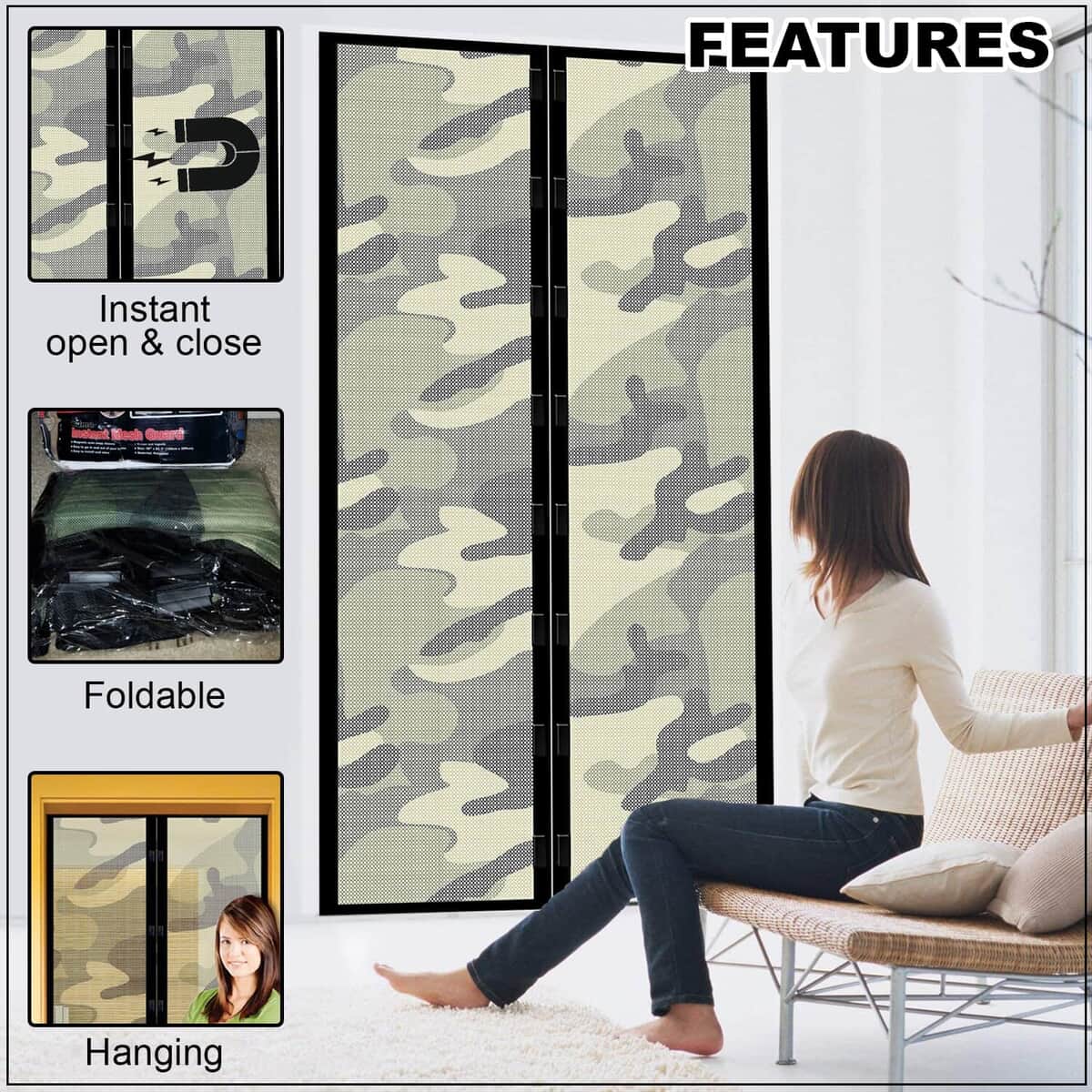 Total Vision Camo Instant Mesh Guard, Magnetic Foldable Hanging Weather Resistant Mesh Screen Doors Net for Front Back Patio Balcony For Bug Free Home image number 2
