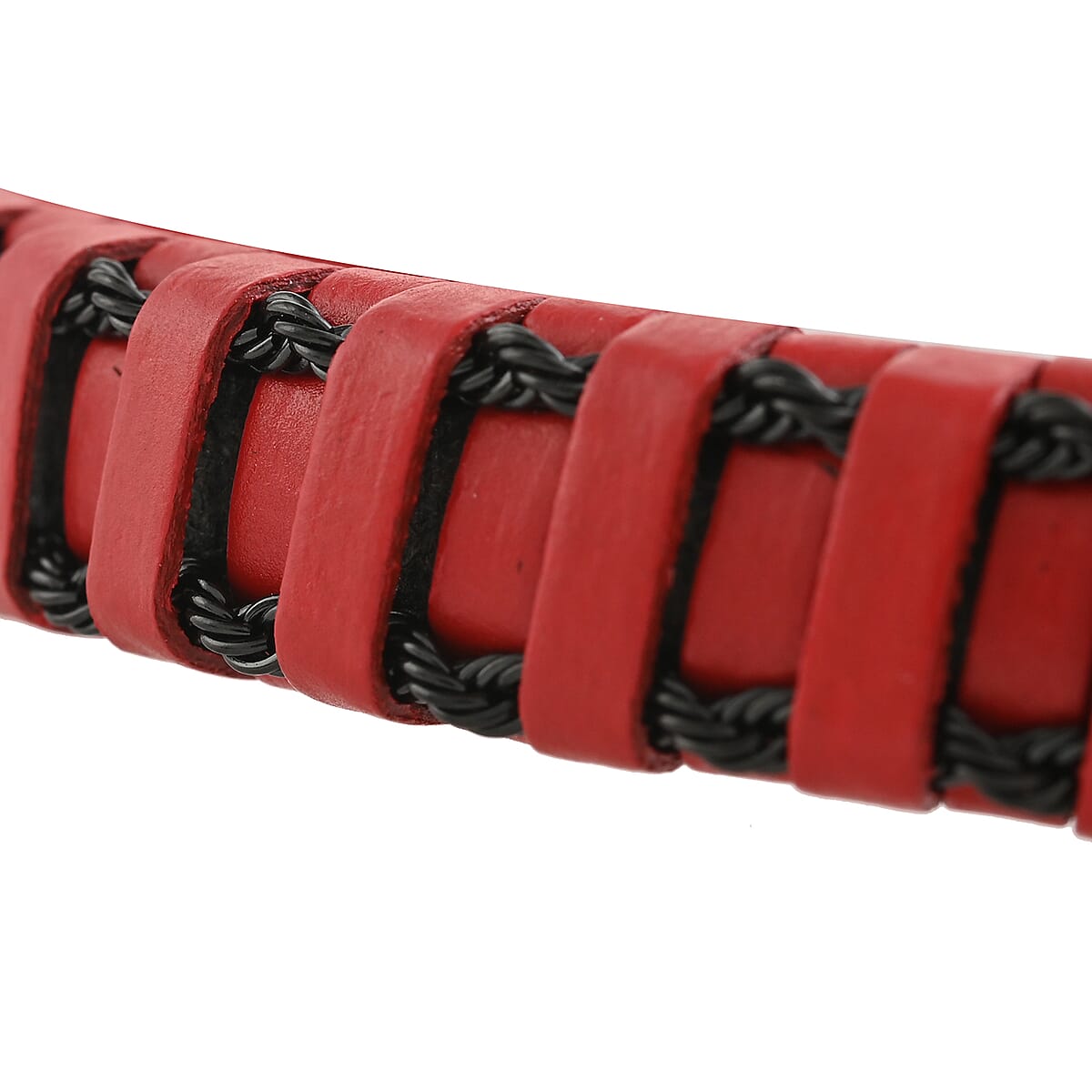 Red Leather Woven Bracelet in ION Plated Black Stainless Steel (8.50 In) 24 Grams image number 1