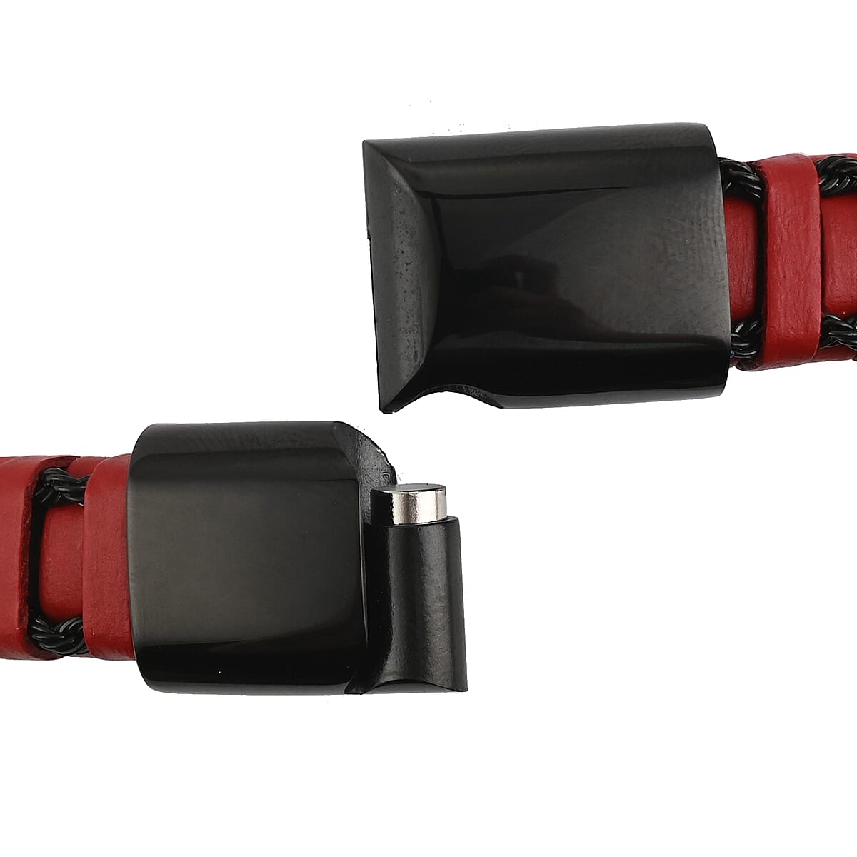 Red Leather Woven Bracelet in ION Plated Black Stainless Steel (8.50 In) 24 Grams image number 2