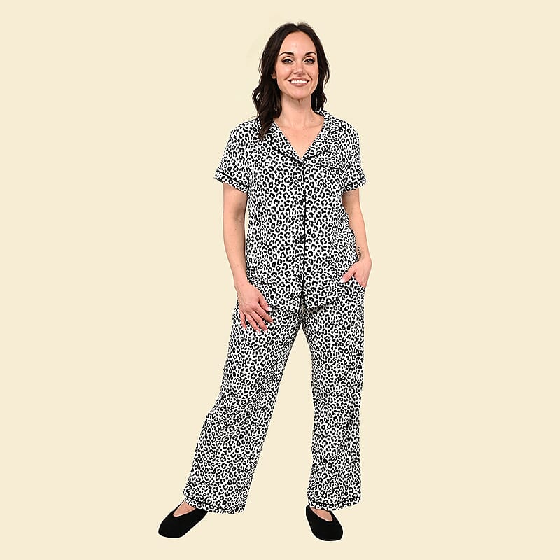 Tamsy Snow Leopard Short Sleeve Button-Up and Jogger PJ Set - S