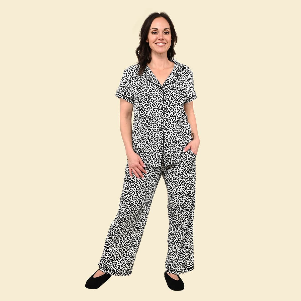 Tamsy Snow Leopard Short Sleeve Button-Up and Jogger PJ Set - S image number 0