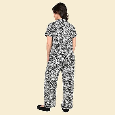 Tamsy Snow Leopard Short Sleeve Button-Up and Jogger PJ Set - S
