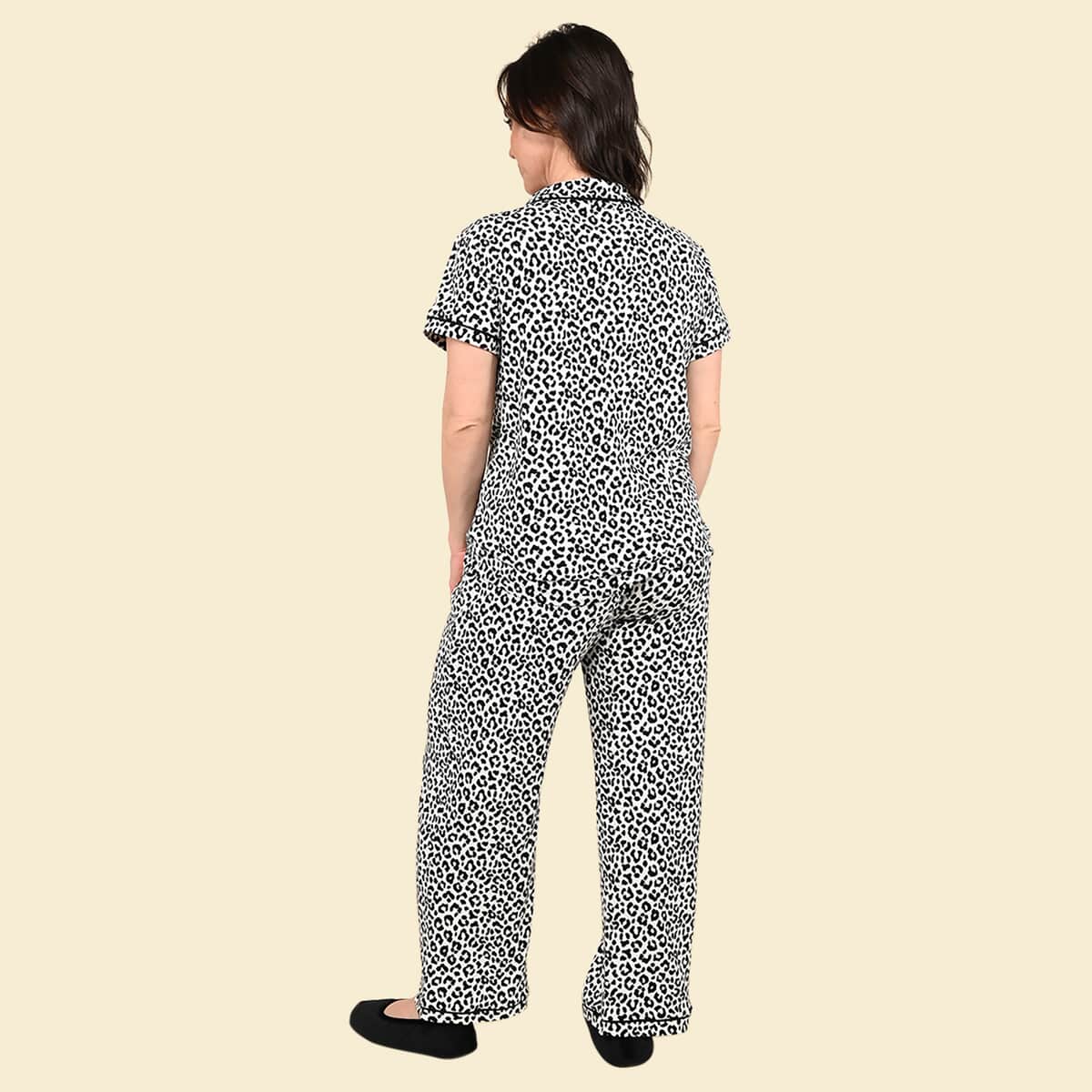 Tamsy Snow Leopard Short Sleeve Button-Up and Jogger PJ Set - S image number 1