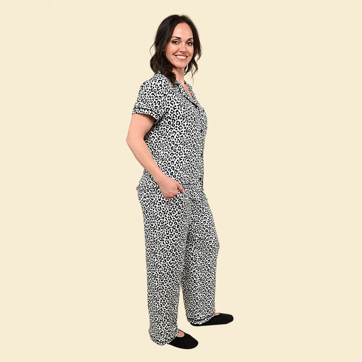 TAMSY Snow Leopard Short Sleeve Button-Up and Jogger PJ Set - S image number 2