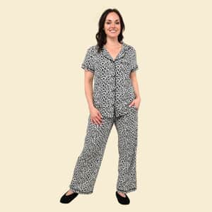Tamsy Snow Leopard Short Sleeve Button-Up and Jogger PJ Set - M