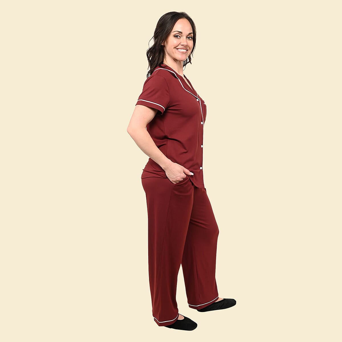 Tamsy Burgundy Short Sleeve Button-Up and Jogger PJ Set - S image number 2