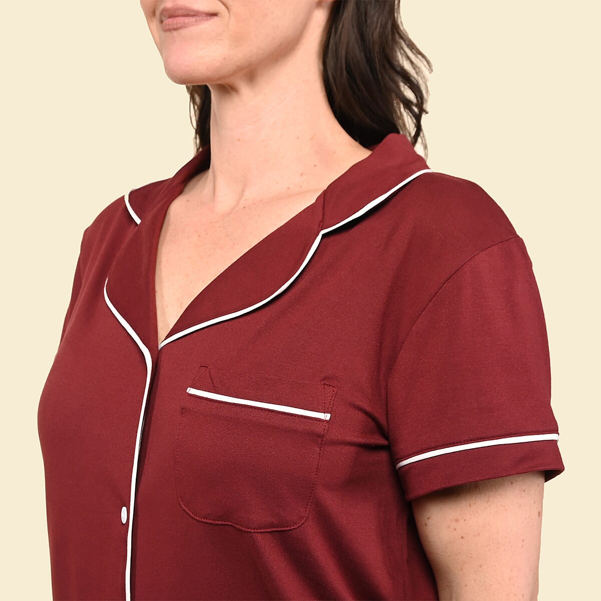 Tamsy Burgundy Short Sleeve Button-Up and Jogger PJ Set - S image number 3