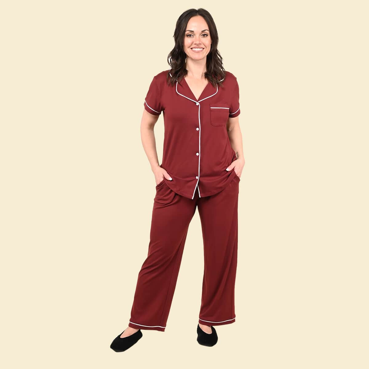 Tamsy Burgundy Short Sleeve Button-Up and Jogger PJ Set - 1X image number 0