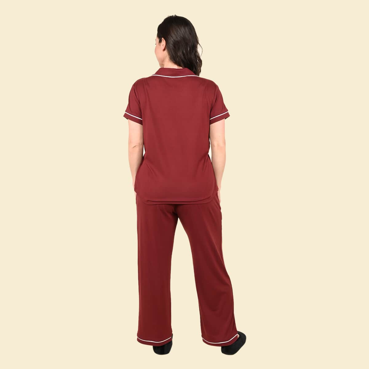 Tamsy Burgundy Short Sleeve Button-Up and Jogger PJ Set - 1X image number 1