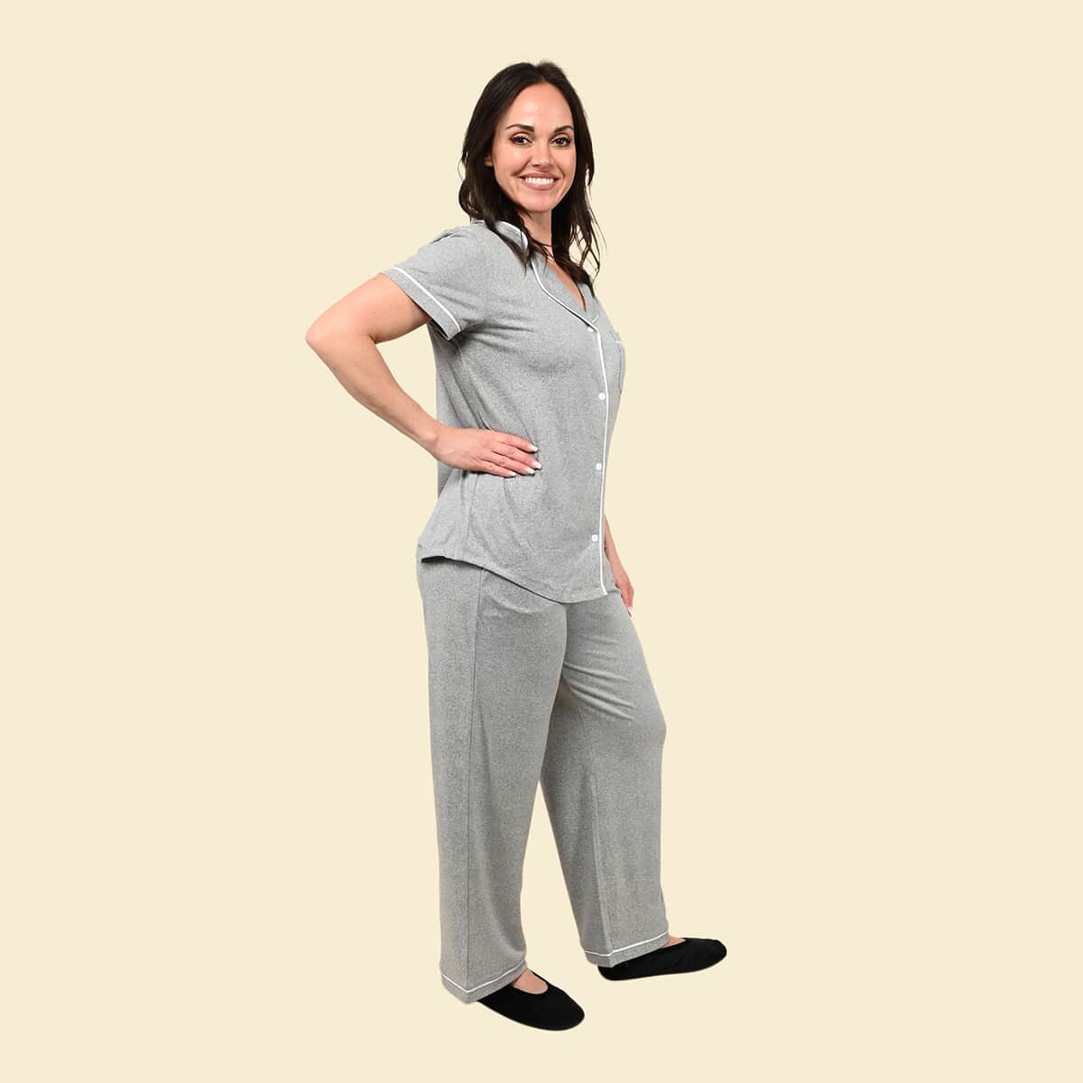 Tamsy Gray Short Sleeve Button-Up and Jogger PJ Set - XL image number 2