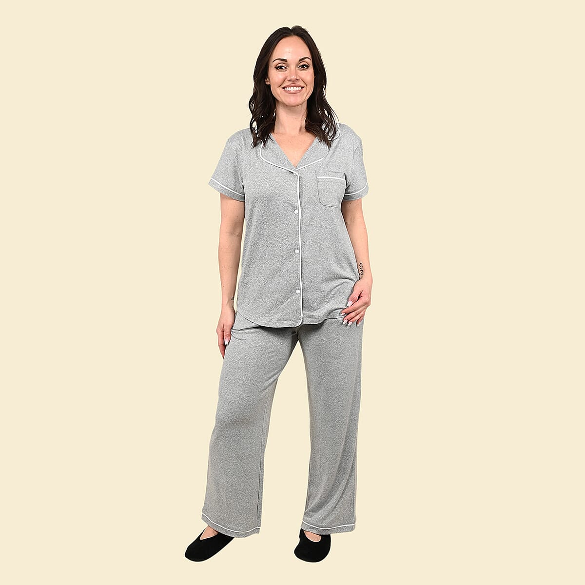 Tamsy Gray Short Sleeve Button-Up and Jogger PJ Set - 3X image number 0