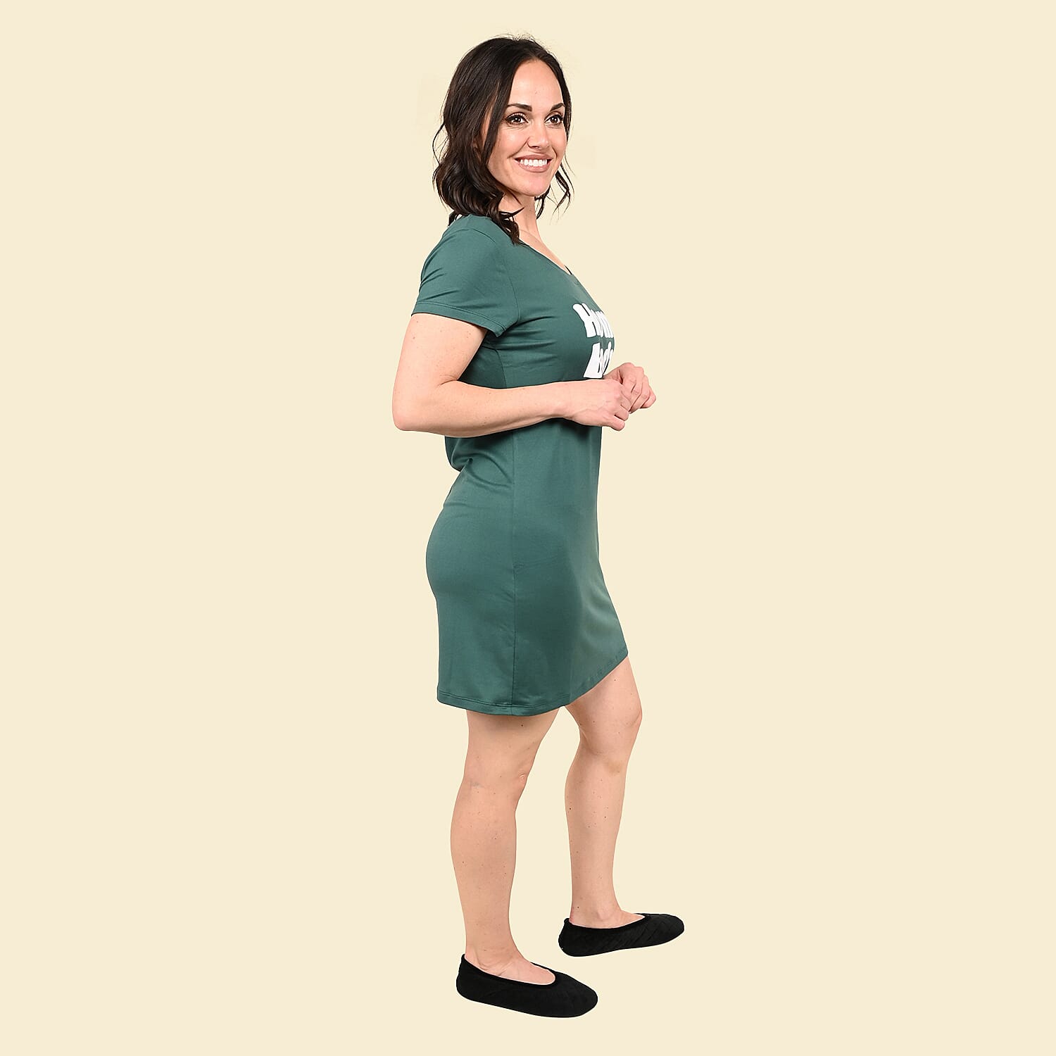 Turquoise TAMSY Home Body Pattern Round Neck Knee Length Polyester Sleep Shirt-L - Picture 3 of 5