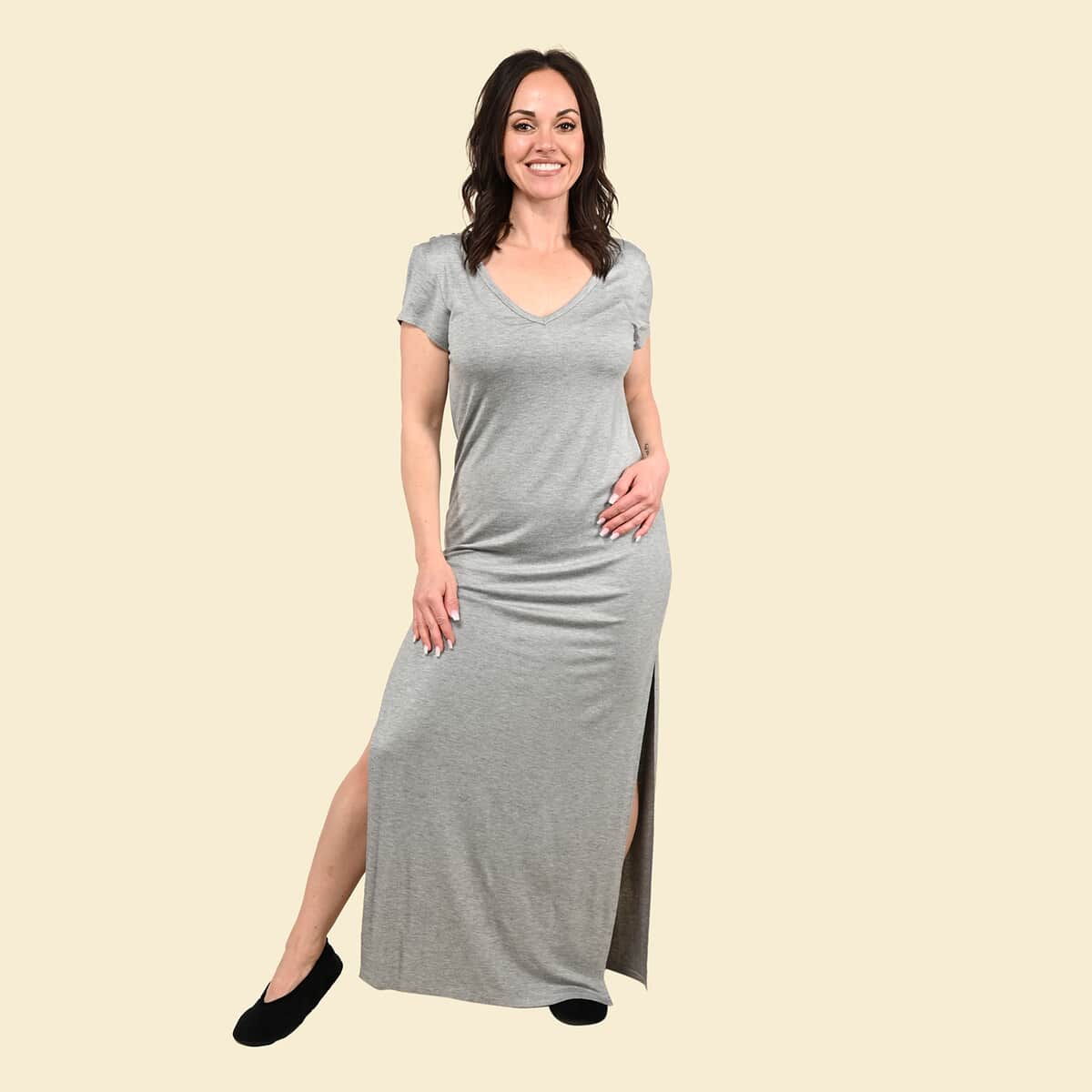 Tamsy Gray Maxi Lounge Dress with Side Vents - M image number 0