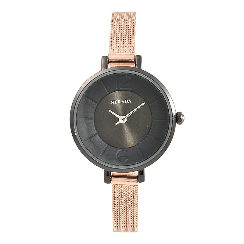 Strada Japanese Movement Watch with ION Plated RG Stainless Steel Mesh Strap and Black Dial (31.50 mm)