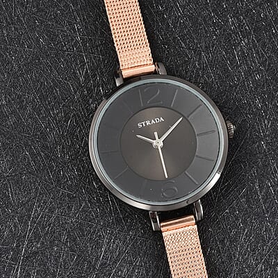 Strada Japanese Movement Watch with ION Plated RG Stainless Steel Mesh Strap and Black Dial (31.50 mm)