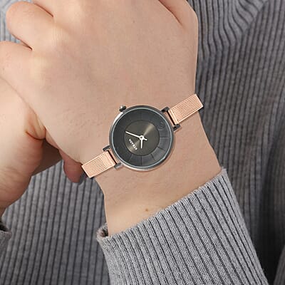 Strada Japanese Movement Watch with ION Plated RG Stainless Steel Mesh Strap and Black Dial (31.50 mm)