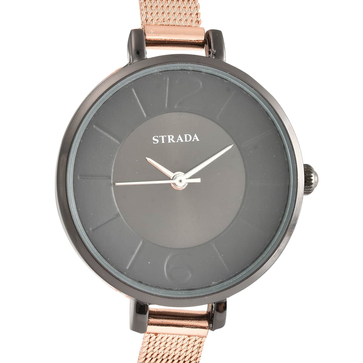 STRADA Japanese Movement Watch with ION Plated RG Stainless Steel Mesh Strap and Black Dial (31.50 mm) image number 3