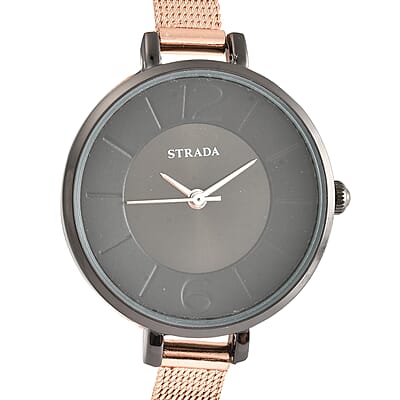 Strada Japanese Movement Watch with ION Plated RG Stainless Steel Mesh Strap and Black Dial (31.50 mm)