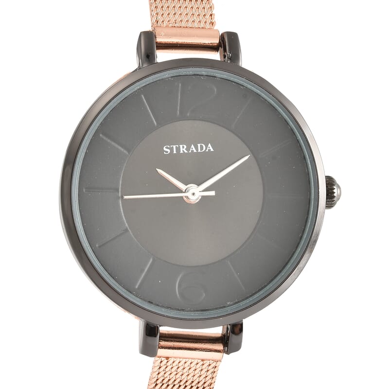 Strada Japanese Movement Watch with ION Plated RG Stainless Steel Mesh Strap and Black Dial (31.50 mm)
