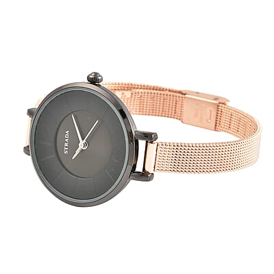 Strada Japanese Movement Watch with ION Plated RG Stainless Steel Mesh Strap and Black Dial (31.50 mm)