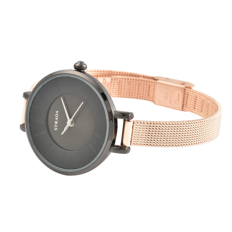 Strada Japanese Movement Watch with ION Plated RG Stainless Steel Mesh Strap and Black Dial (31.50 mm)