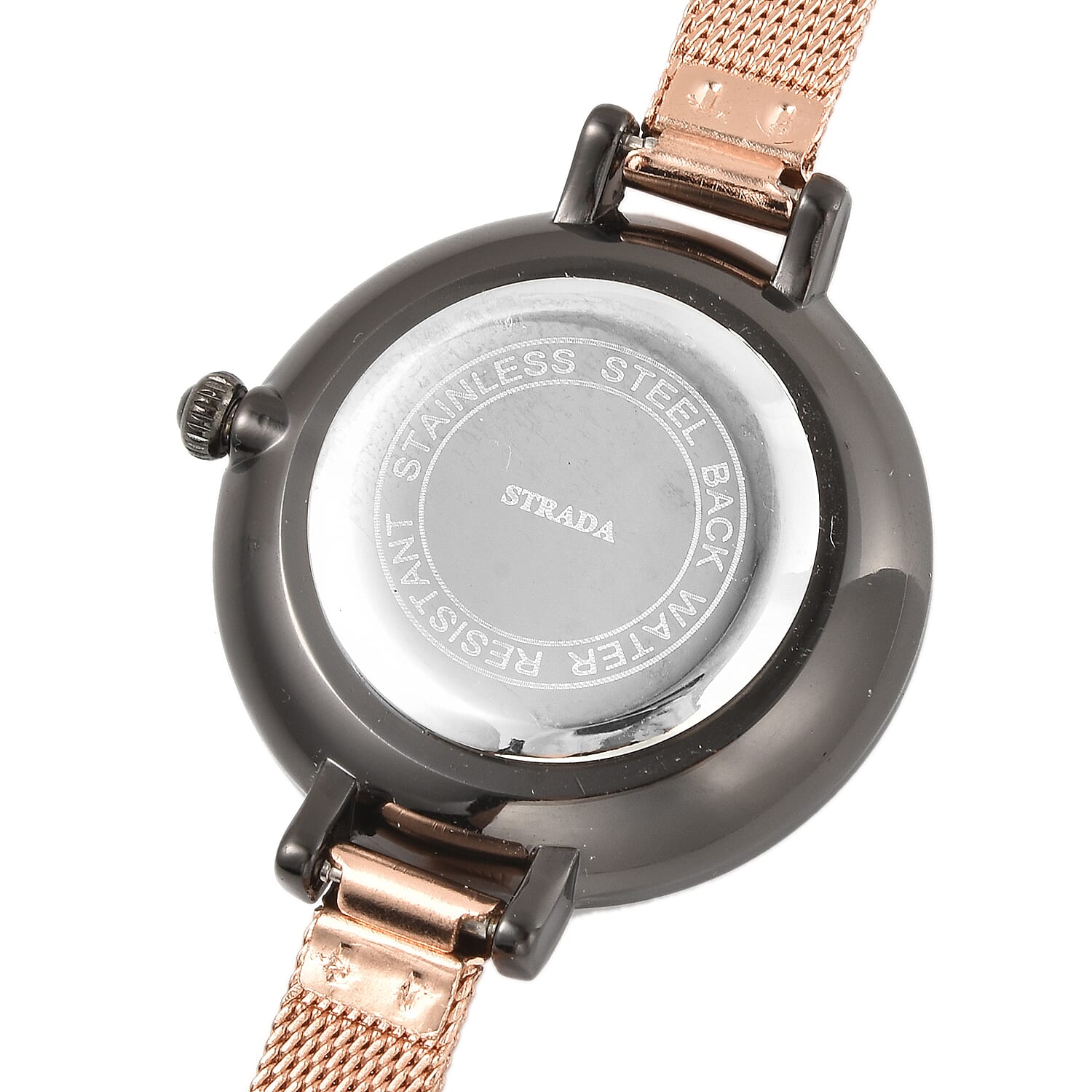 Strada Japanese Movement Watch with ION Plated RG Stainless Steel Mesh Strap and Black Dial (31.50 mm)