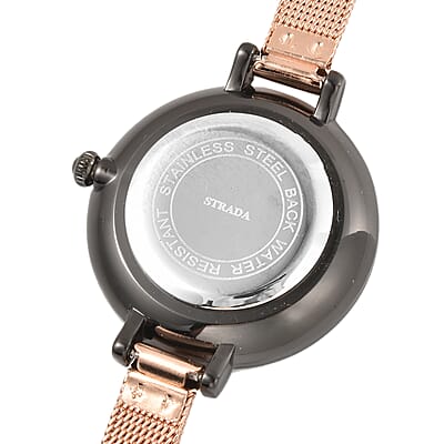 Strada Japanese Movement Watch with ION Plated RG Stainless Steel Mesh Strap and Black Dial (31.50 mm)