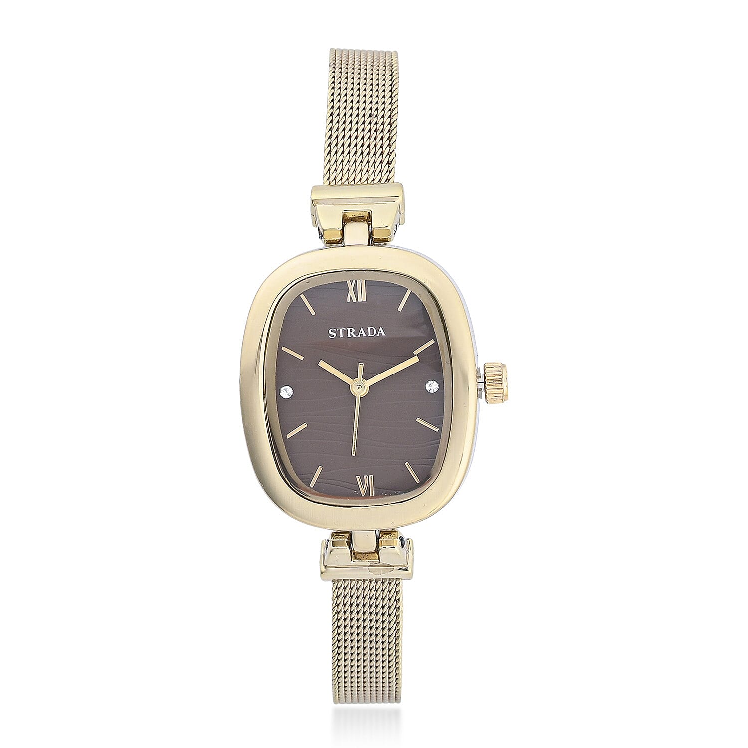 Strada Austrian Crystal Japanese Movement Watch in ION Plated YG Stainless Steel Mesh Strap with Marron Dial