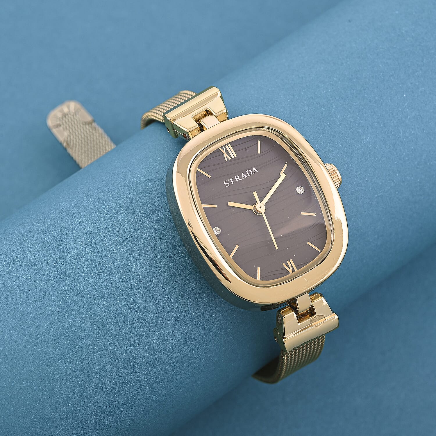 Strada Austrian Crystal Japanese Movement Watch in ION Plated YG Stainless Steel Mesh Strap with Marron Dial