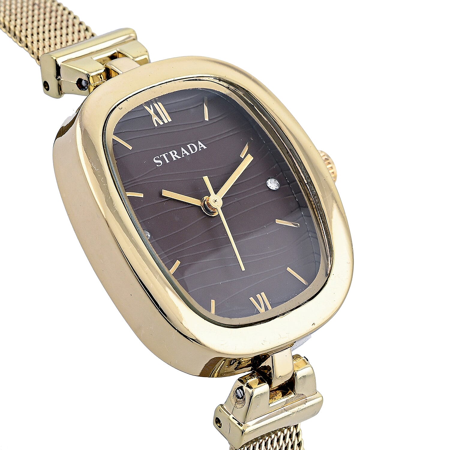 Strada Austrian Crystal Japanese Movement Watch in ION Plated YG Stainless Steel Mesh Strap with Marron Dial