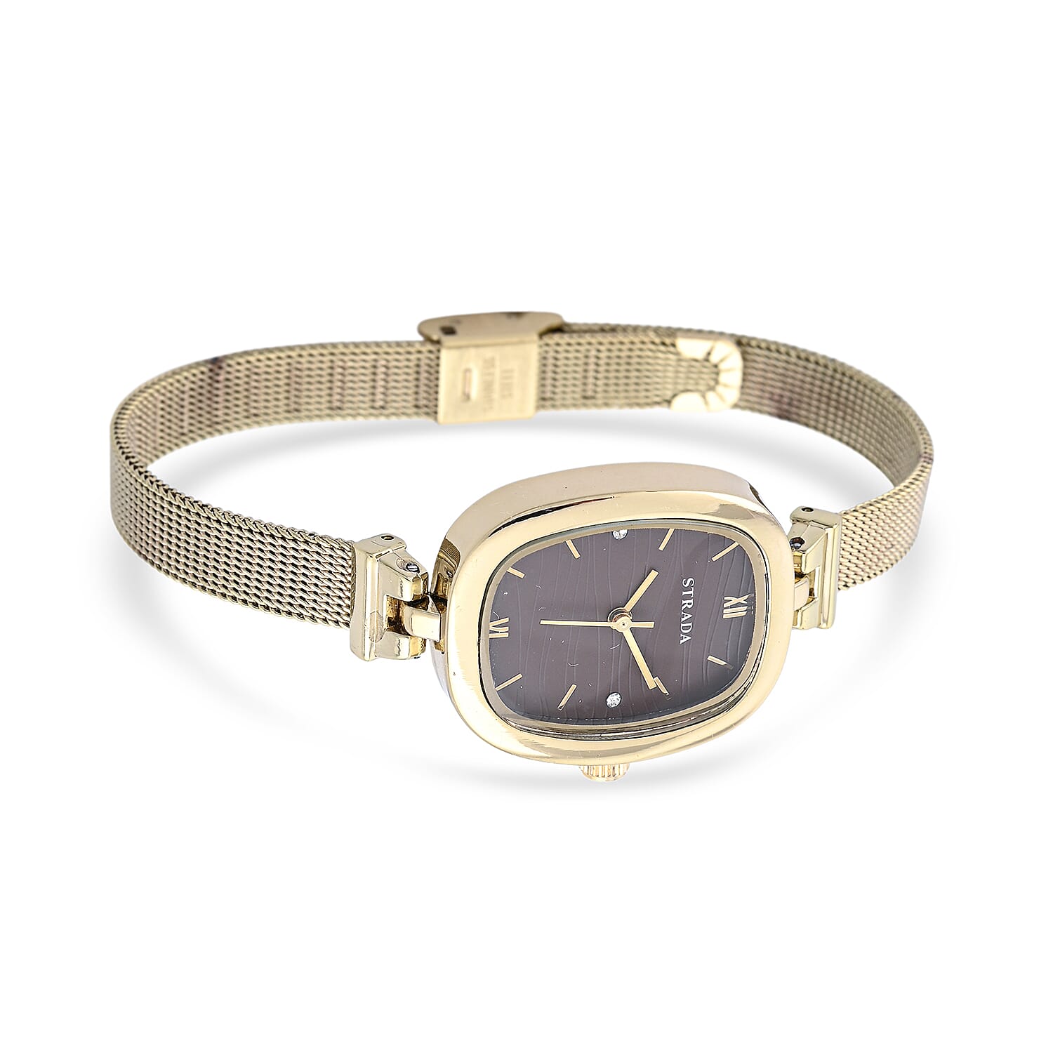 Strada Austrian Crystal Japanese Movement Watch in ION Plated YG Stainless Steel Mesh Strap with Marron Dial