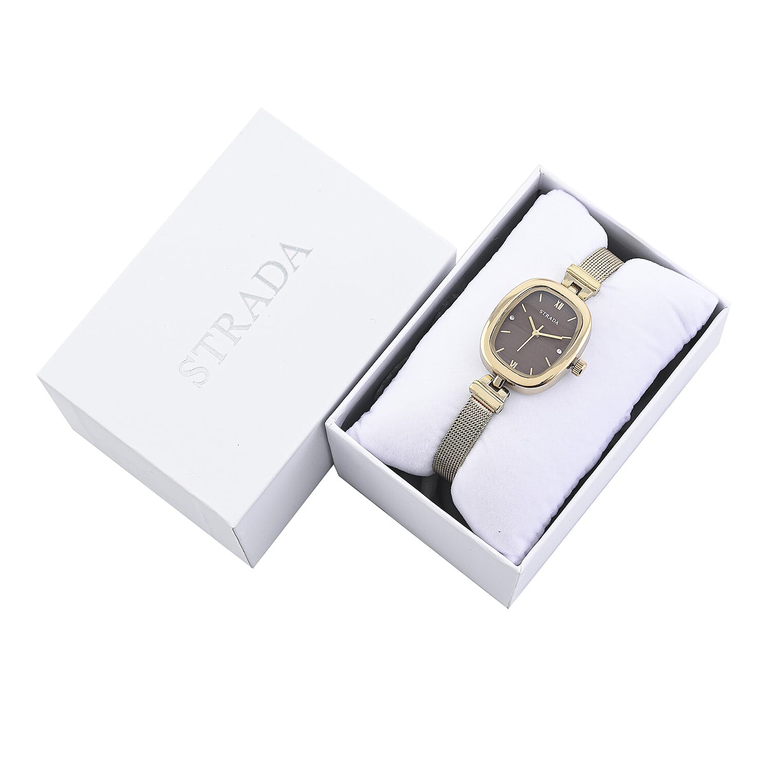 Strada Austrian Crystal Japanese Movement Watch in ION Plated YG Stainless Steel Mesh Strap with Marron Dial