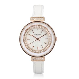 Strada Austrian Crystal, Enameled Japanese Movement Watch with White Faux Leather Band