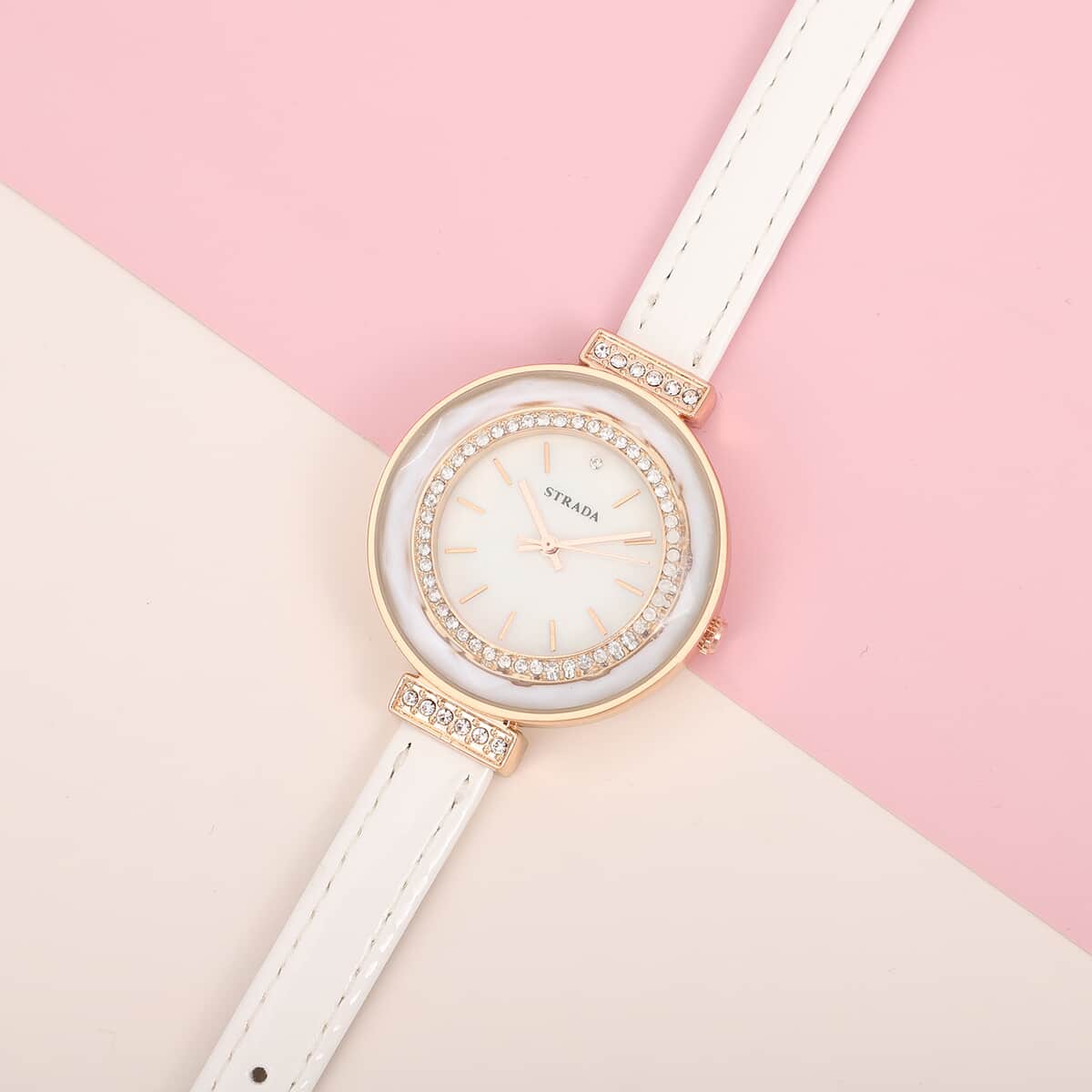 STRADA 10th ANNIVERSARY SPECIAL Austrian Crystal, Enameled Japanese Movement Watch with White Faux Leather Band image number 1