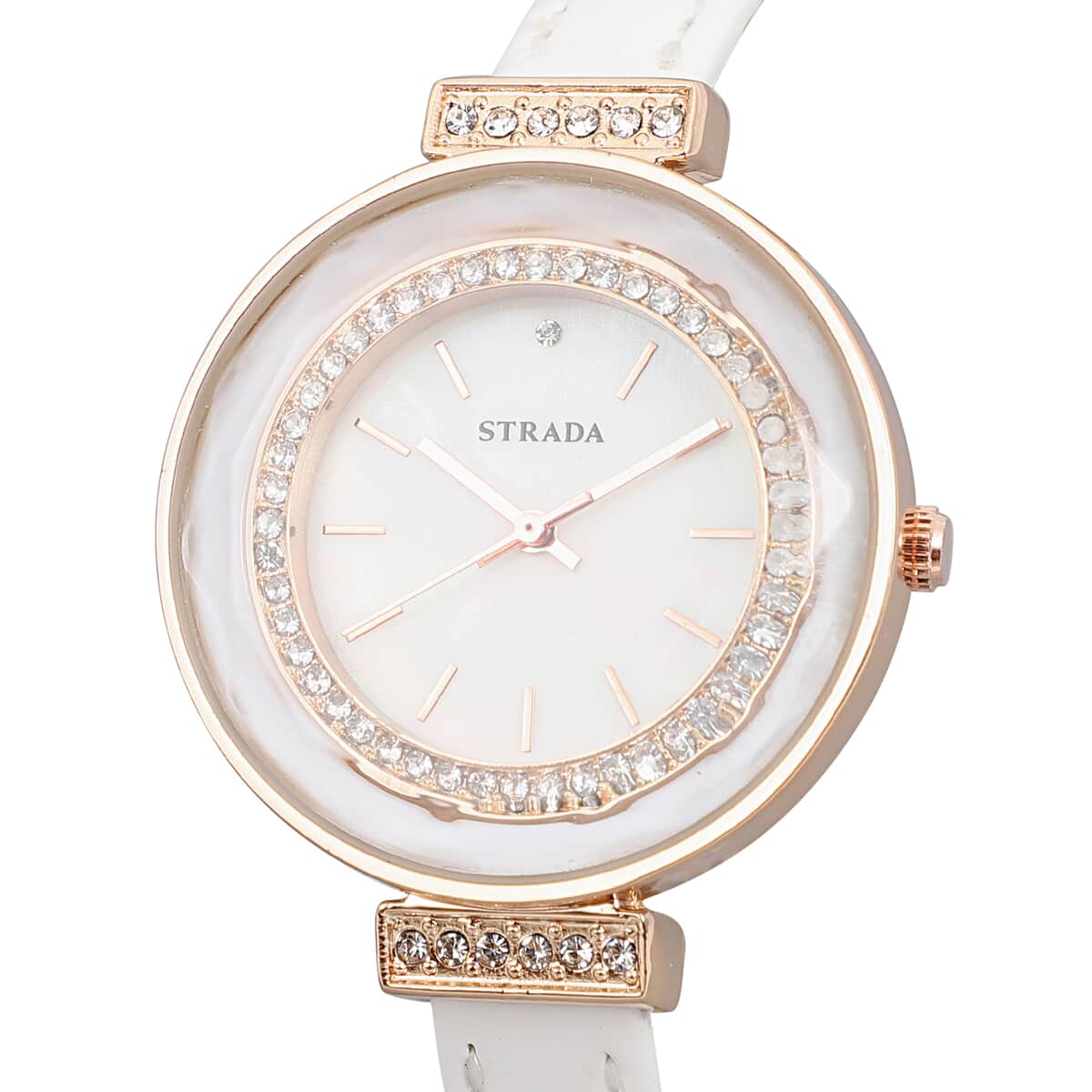 STRADA 10th ANNIVERSARY SPECIAL Austrian Crystal, Enameled Japanese Movement Watch with White Faux Leather Band image number 3