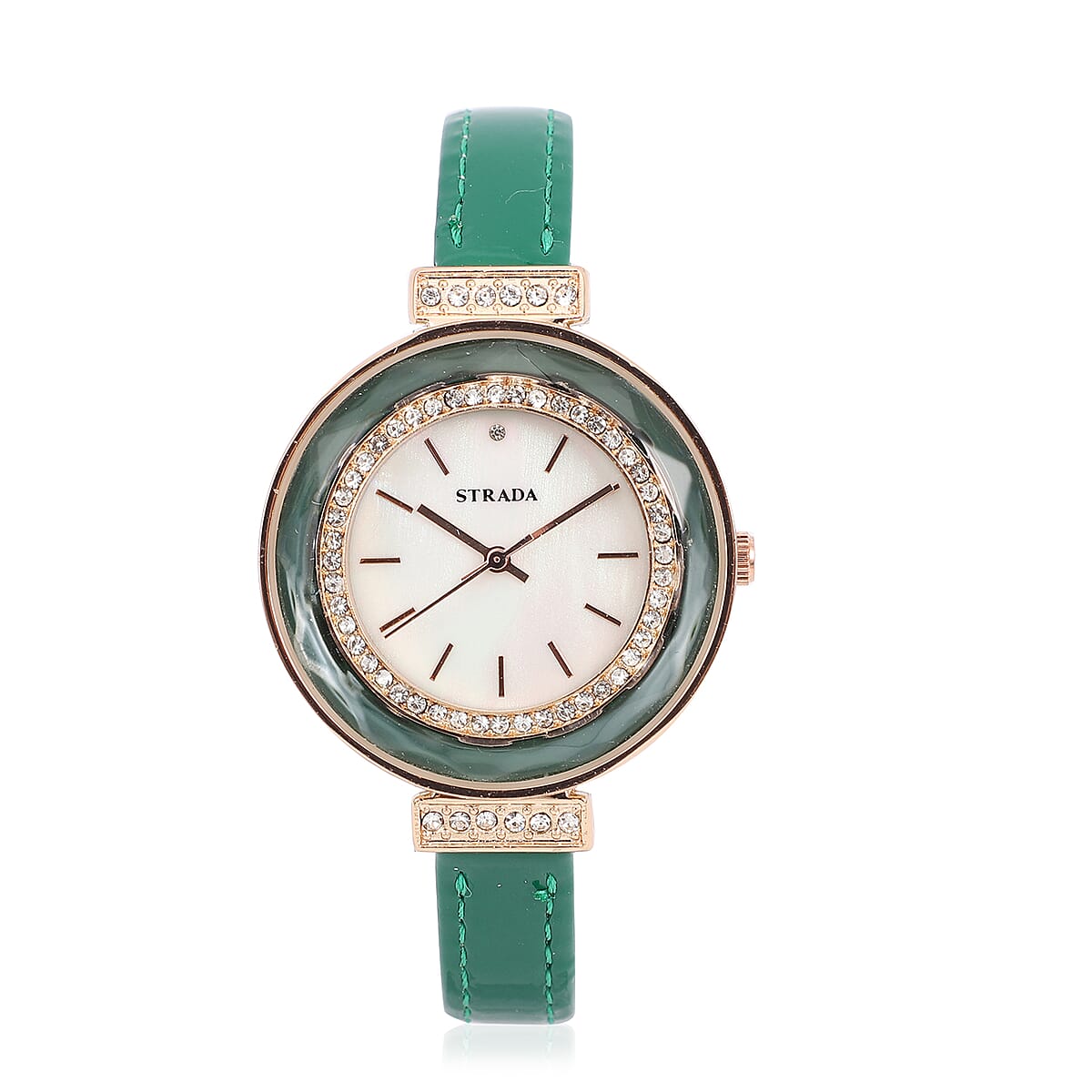 Strada Austrian Crystal, Enameled Japanese Movement Watch with Green Faux Leather Band image number 0