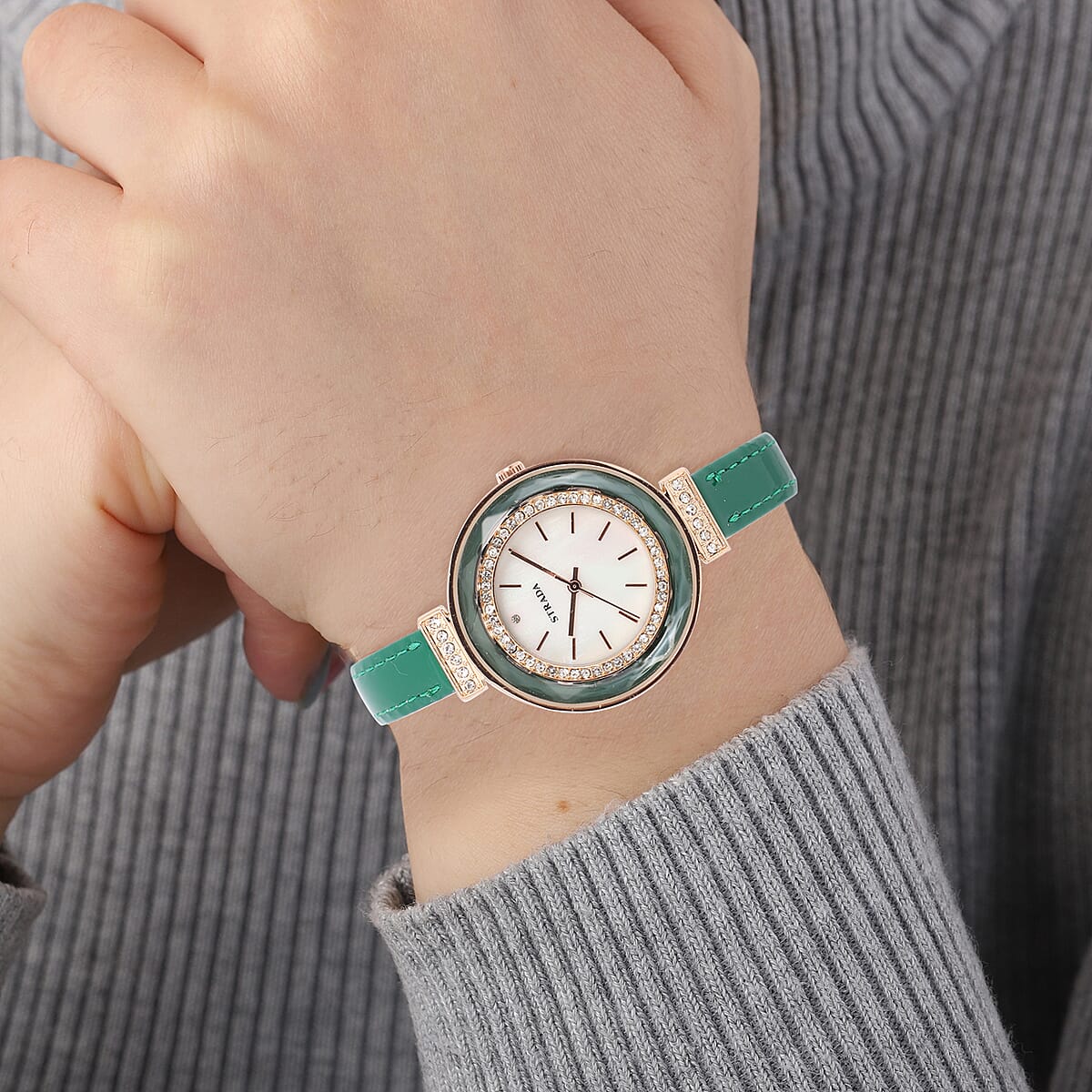 Strada Austrian Crystal, Enameled Japanese Movement Watch with Green Faux Leather Band image number 2