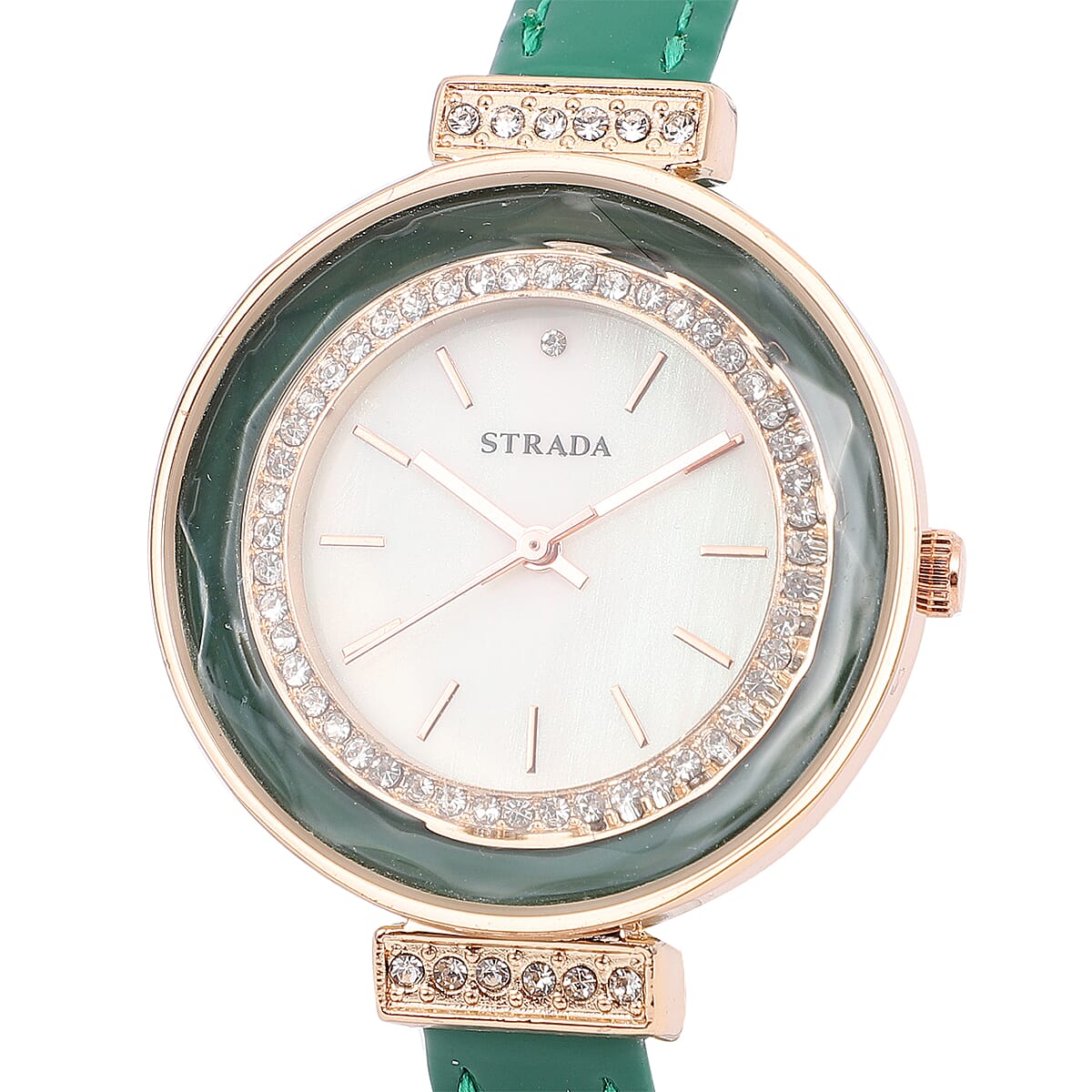 Strada Austrian Crystal, Enameled Japanese Movement Watch with Green Faux Leather Band image number 3