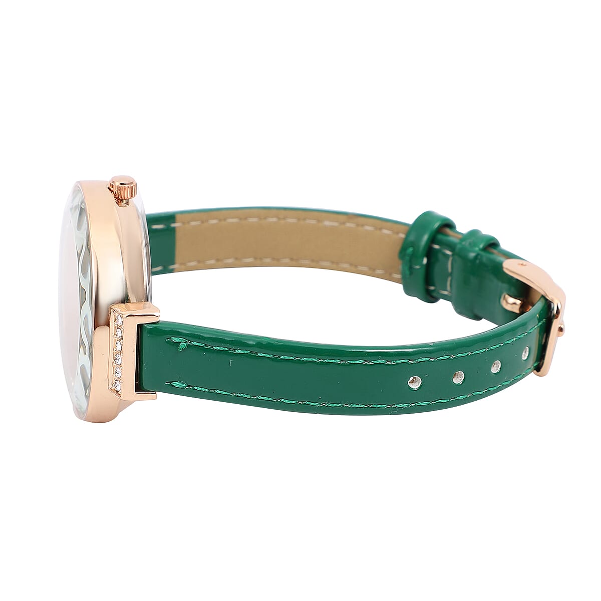 Strada Austrian Crystal, Enameled Japanese Movement Watch with Green Faux Leather Band image number 4